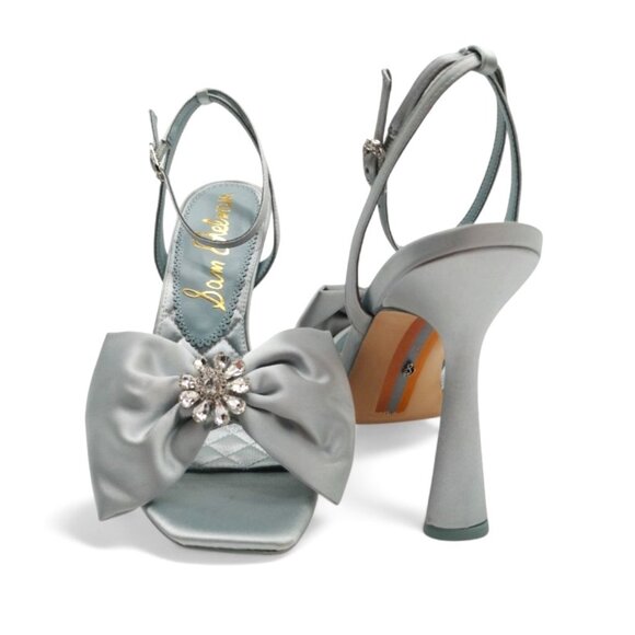 Sam Edelman Lexi Size 9 Cape Blue Satin Embellished Bow Ankle Strap Dress Sandal - Picture 6 of 16